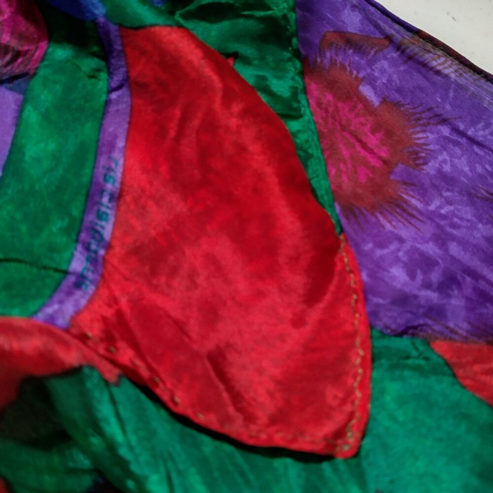 Vintage 1990s Liz Claiborne Silk Scarf Bold Colorful Flowers Rectangle 10x52" - Picture 12 of 13